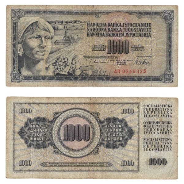 YUGOSLAVIA 1000 dinara 1978 / Series AR without error / Inscription GUVERNER / VF-
