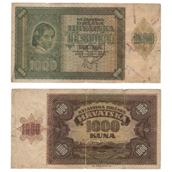 CROATIA 1000 kuna 1941 / Error: Green color on obverse instead of brown / Ustasa WWII Germany Italy ally / VF-