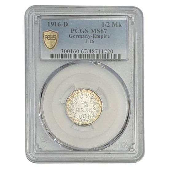 GERMANY 1/2 mark 1916D / Empire / Silver / PCGS MS67