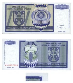 CROATIA 10 million dinara 1993 / Knin Krajina occupation issue / Error: part of print on reverse is missing / UNC