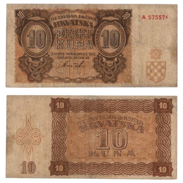 CROATIA 10 kuna 1941 / 1 letter / WWII Ustasa Germany Italy ally / Orange color / VF