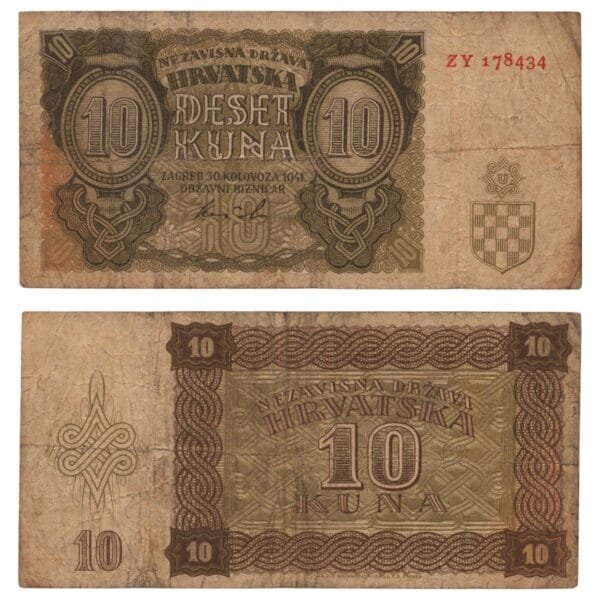 CROATIA 10 kuna 1941 / 2 letters / WWII Ustasa Germany Italy ally / Orange color in lower right part on obverse / VF-