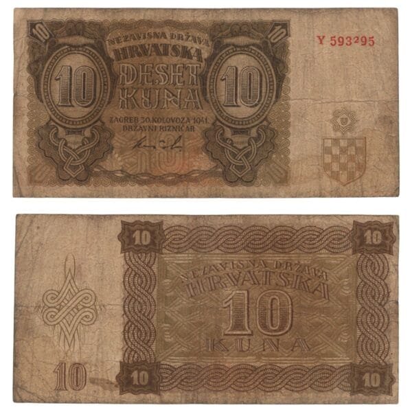 CROATIA 10 kuna 1941 / 1 letter / WWII Ustasa Germany Italy ally / Orange color in central part on obverse / VF-