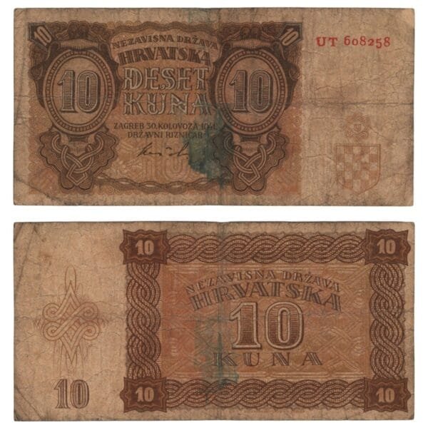 CROATIA 10 kuna 1941 / 2 letters / WWII Ustasa Germany Italy ally / Orange color / F