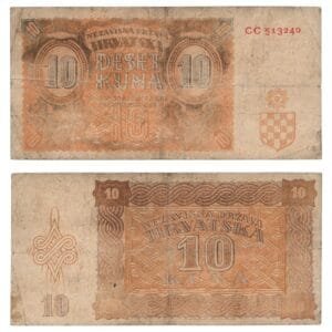 CROATIA 10 kuna 1941 / 2 letters / WWII Ustasa Germany Italy ally / Orange color / F
