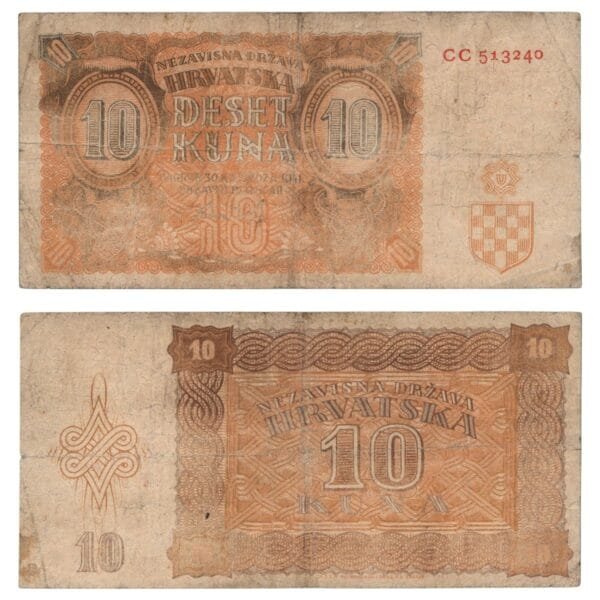 CROATIA 10 kuna 1941 / 2 letters / WWII Ustasa Germany Italy ally / Orange color / F