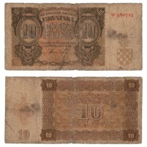 CROATIA 10 kuna 1941 / 1 letter / WWII Ustasa Germany Italy ally / Orange color in central part on obverse / F-