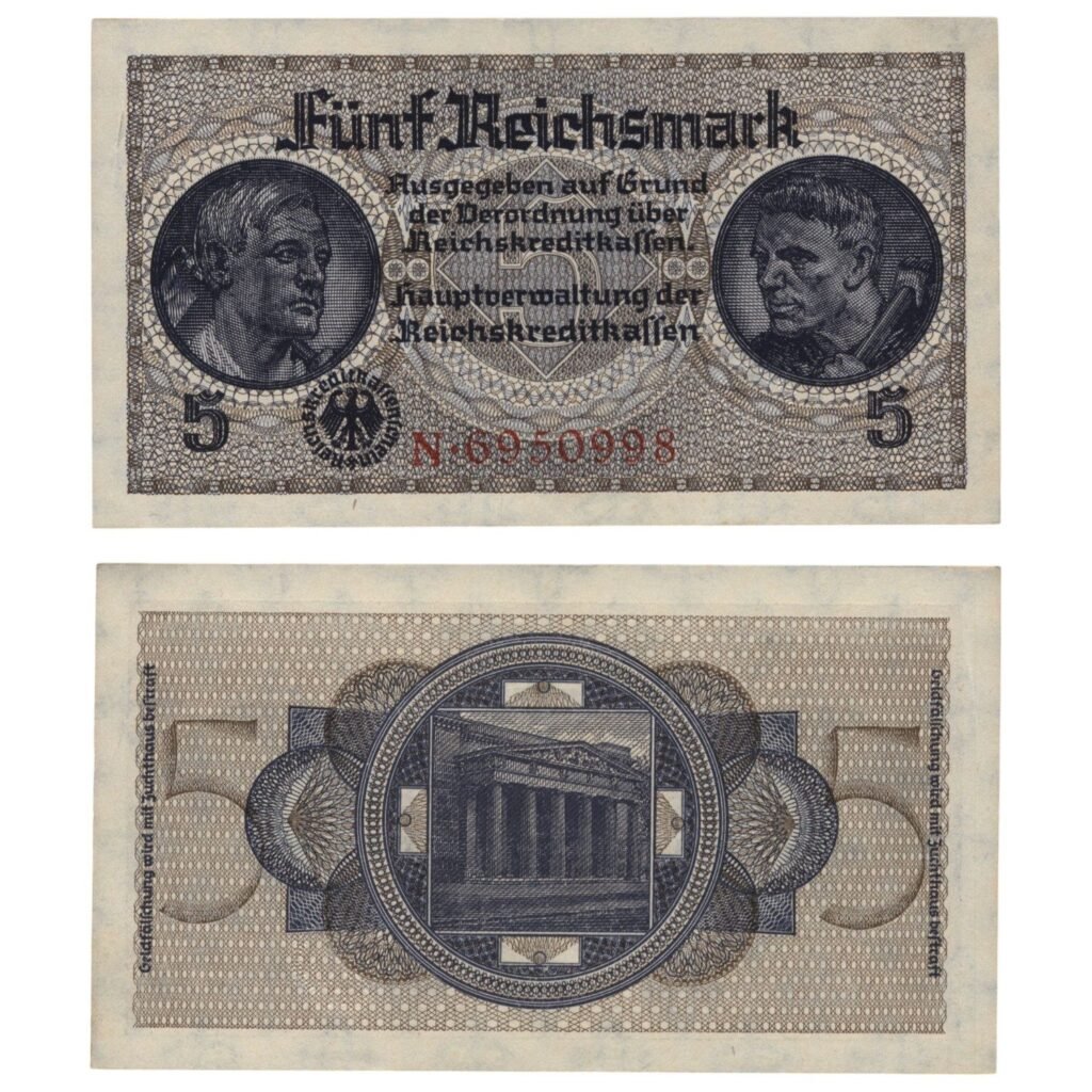 GERMANY 5 reichsmark ND(1940-1945) / 3rd Reich / Reichskreditkassenschein / WWII issue / XF