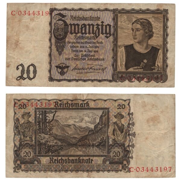 GERMANY 20 reichsmark 1939 / 3rd Reich / WWII issue / VF