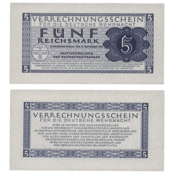 GERMANY 5 reichsmark 1944 / 3rd Reich / Deutsche Wehrmacht / WWII Military Issue / XF+