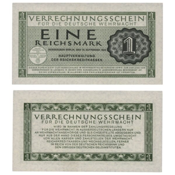 GERMANY 1 reichsmark 1944 / 3rd Reich / Deutsche Wehrmacht / WWII Military Issue / UNC