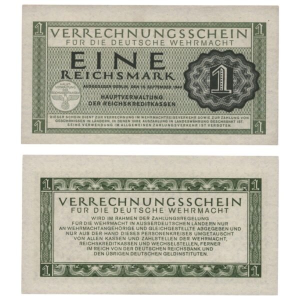 GERMANY 1 reichsmark 1944 / 3rd Reich / Deutsche Wehrmacht / WWII Military Issue / UNC