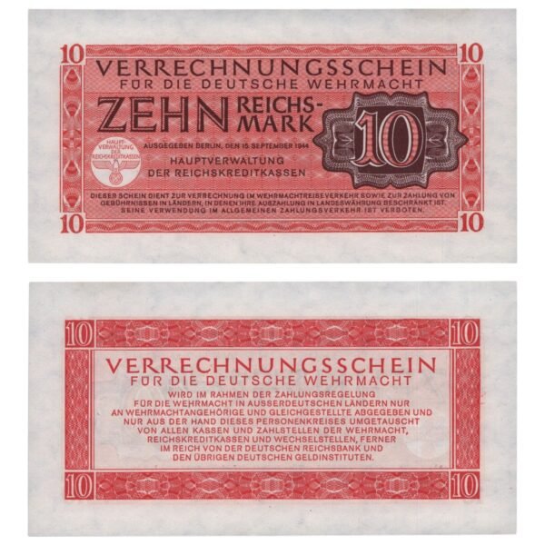 GERMANY 10 reichsmark 1944 / 3rd Reich / Deutsche Wehrmacht / WWII Military Issue / UNC