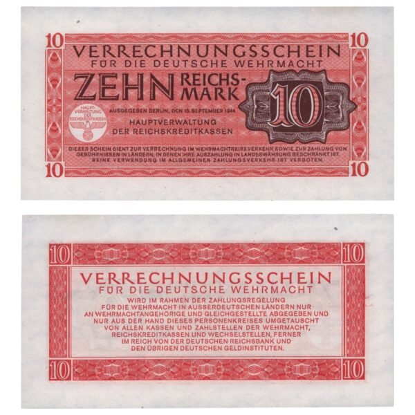 GERMANY 10 reichsmark 1944 / 3rd Reich / Deutsche Wehrmacht / WWII Military Issue / UNC