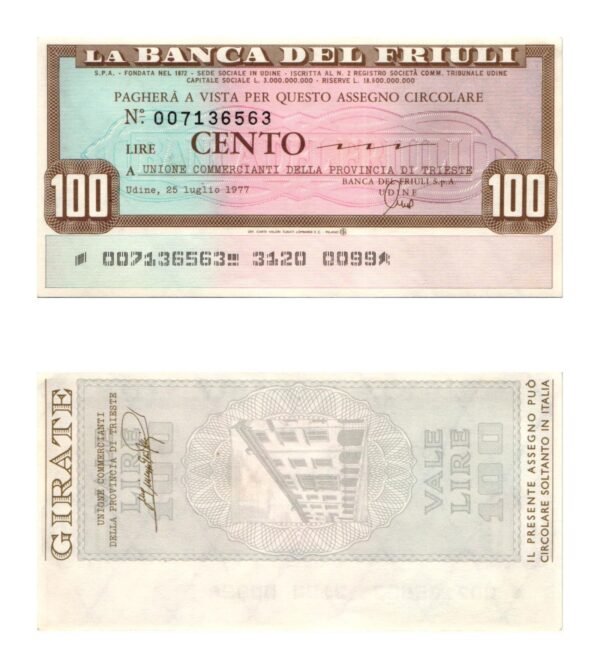 ITALY 100 lire 1977 / La Banca del Friuli / voucher / XF+
