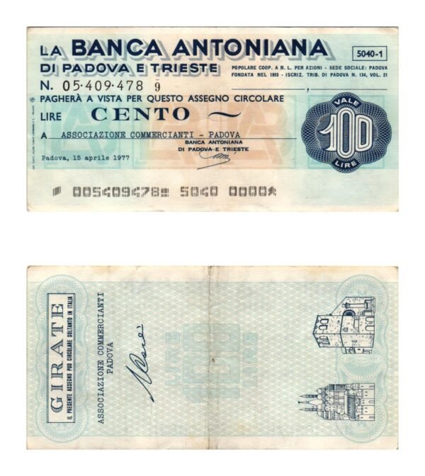 ITALY 100 lire 1977 / La Banca Antoniana di Padova e Trieste / voucher / VF