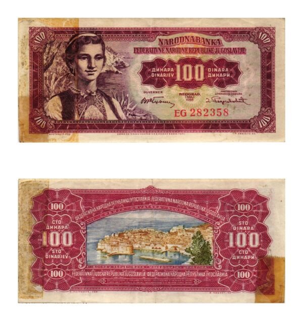 YUGOSLAVIA 100 dinara 1955 / Dubrovnik / taped / VG