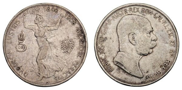 AUSTRIA 5 coronae 1908 / 60th Anniversary of the Reign of Franz Joseph I / Silver / VF