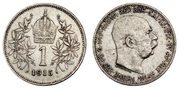 AUSTRIA 1 corona 1915 / Silver / VF+