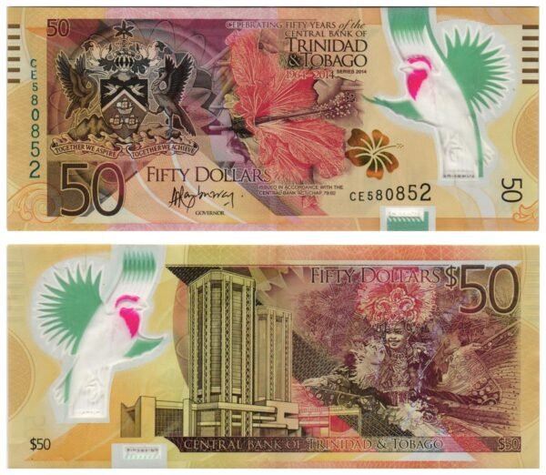 TRINIDAD AND TOBAGO 50 dollars 2014 / 50th Anniversary of the Central Bank / polymer plastic / VF