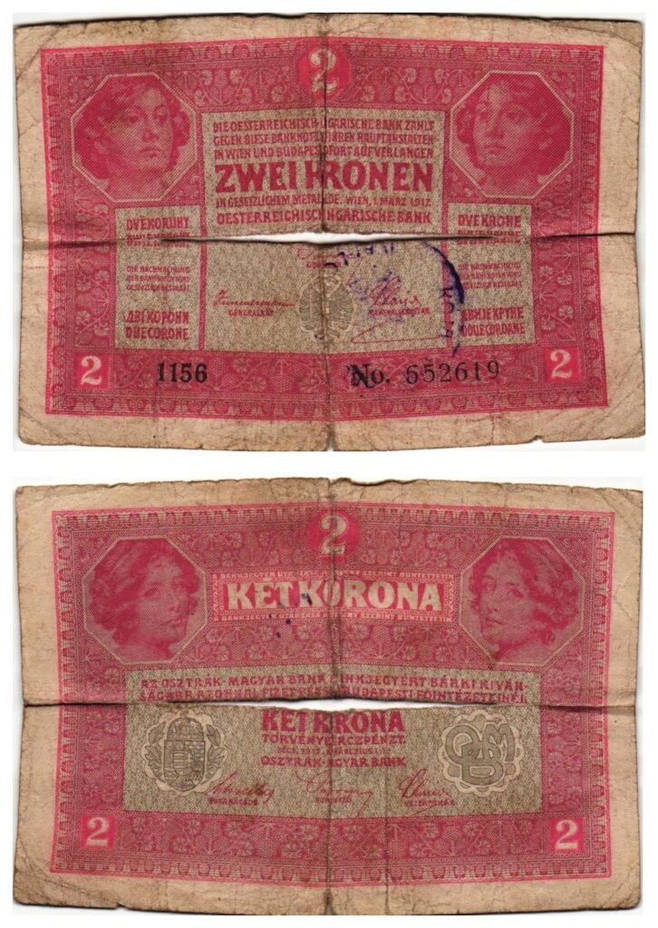HRVATSKA 2 kRUNE b.d. (1919.) / nečitak pečat / poderotina / VLo