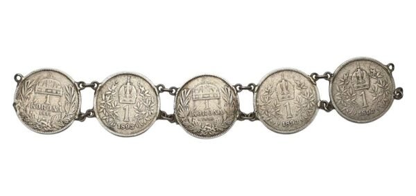 AUSTRIA and HUNGARY 5 pcs. of 1 corona / korona coins as a part of jewelry / 20,87 g of Silver / VG