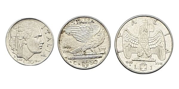 ITALY 20, 50 centesimi & 1 lira / Mussolini Fascist Era / coins lot / 3 pcs.