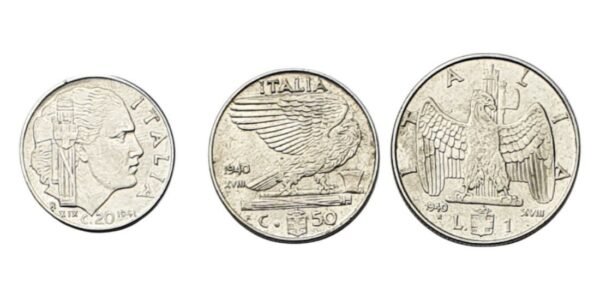 ITALY 20, 50 centesimi & 1 lira / Mussolini Fascist Era / coins lot / 3 pcs.