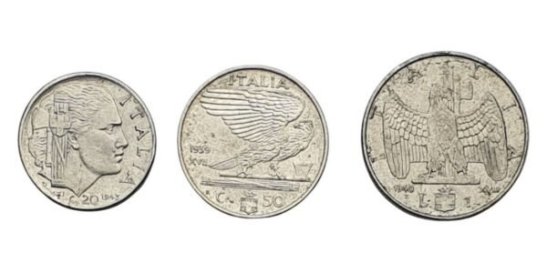 ITALY 20, 50 centesimi & 1 lira / Mussolini Fascist Era / coins lot / 3 pcs.