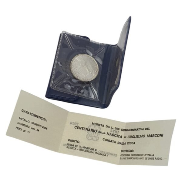 ITALY 500 lire 1974 / Guglielmo Marconi / Silver coin in holder / UNC