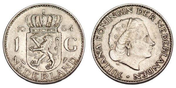 NETHERLANDS 1 gulden 1964 / Silver / VF+