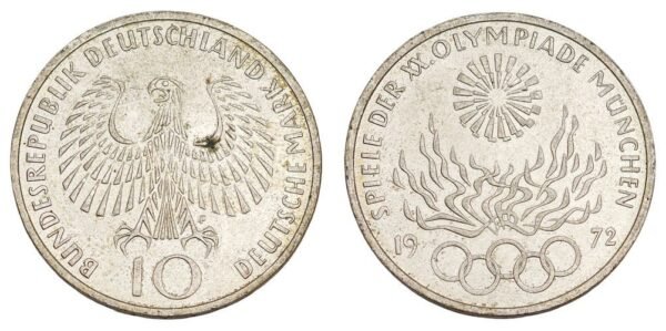 GERMANY 10 mark 1972F / Olympic Games in Munich / Silver / XF