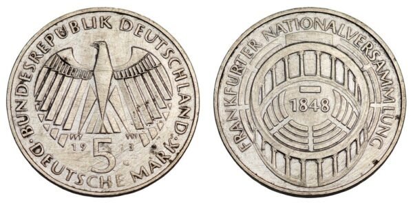 GERMANY 5 mark 1973G / Frankfurt Assembly 1848 / Silver / VF