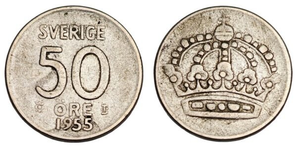SWEDEN 50 ore 1955 / Silver / VF