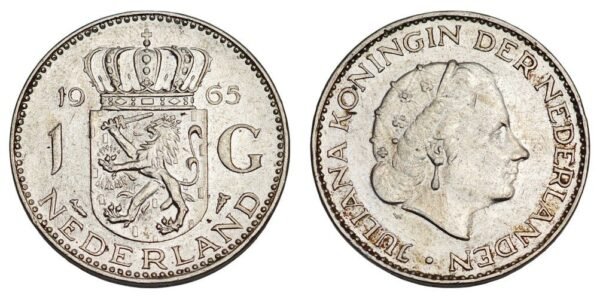 NETHERLANDS 1 gulden 1965 / Silver / VF