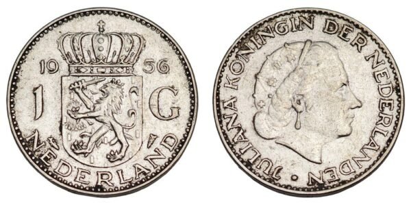 NETHERLANDS 1 gulden 1956 / Silver / VF