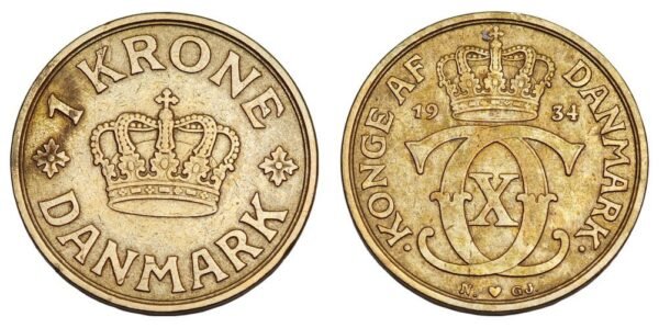 DENMARK 1 krone 1934 VF