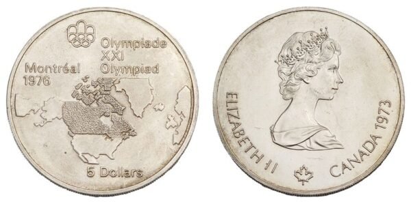 CANADA 5 dollars 1973 / 1976 Montreal Olympic Games / Silver / XF
