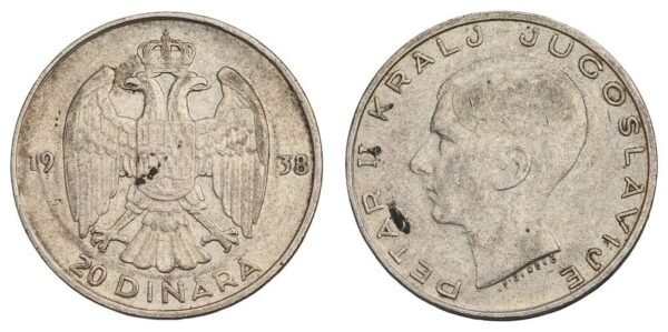 YUGOSLAVIA 20 dinara 1938 / Silver / VF