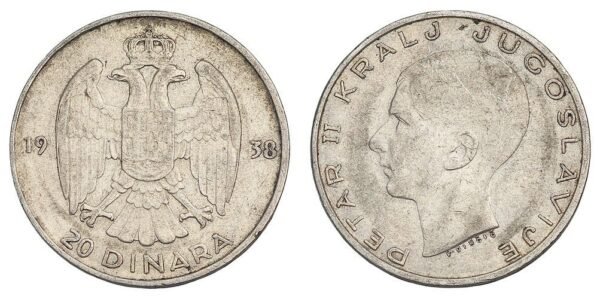 YUGOSLAVIA 20 dinara 1938 / Silver / VF