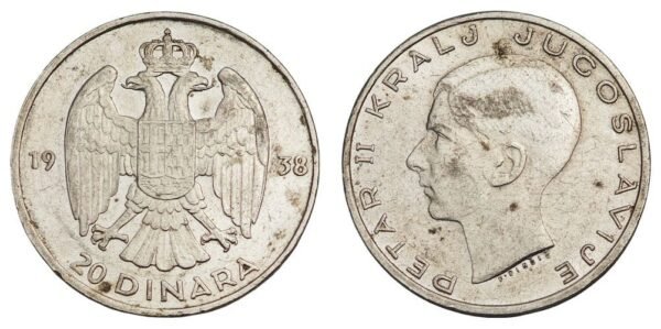 YUGOSLAVIA 20 dinara 1938 / Silver / VF