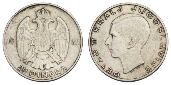 YUGOSLAVIA 20 dinara 1938 / Silver / VF