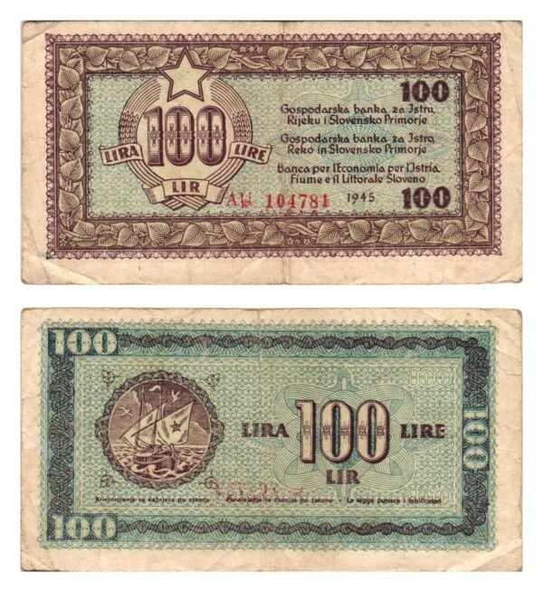 YUGOSLAVIA 100 lira 1945 / Economy Bank for Istra, Rijeka and Slovenian Littoral Region / VF