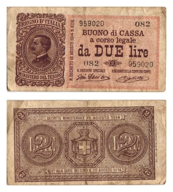 ITALY 2 lire 1914 VF