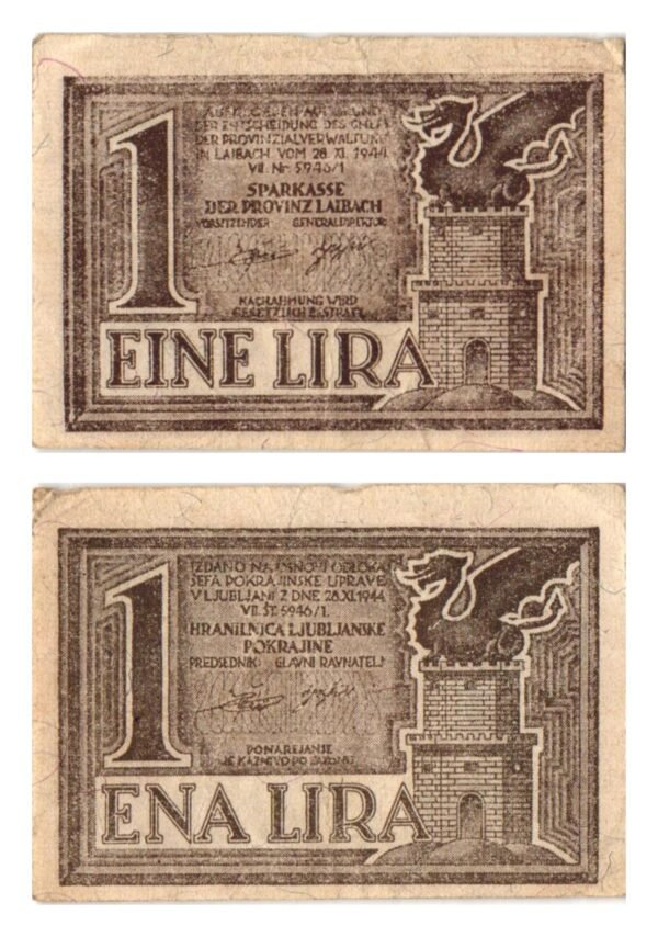 SLOVENIA 1 lira 1944 / Ljubljana Province issue / pinhole / VF-