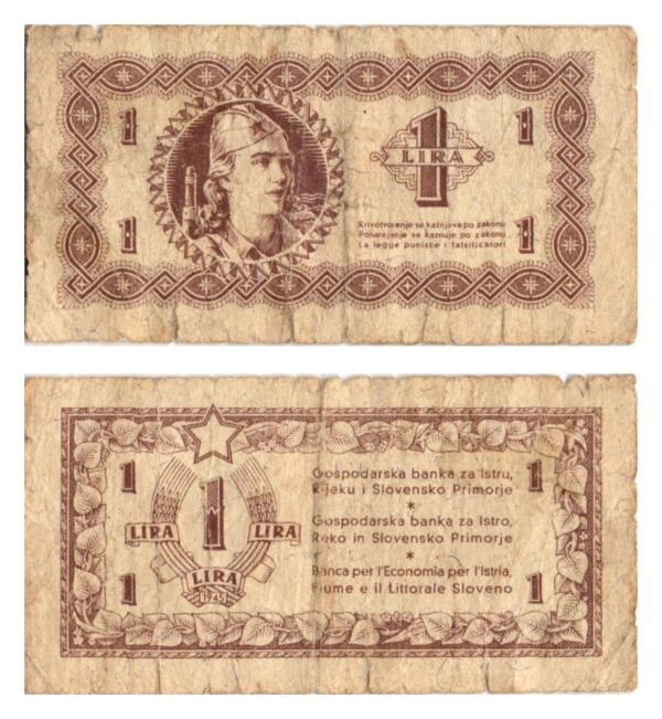 YUGOSLAVIA 1 lira 1945 / Economy Bank for Istra, Rijeka and Slovenian Littoral Region / F
