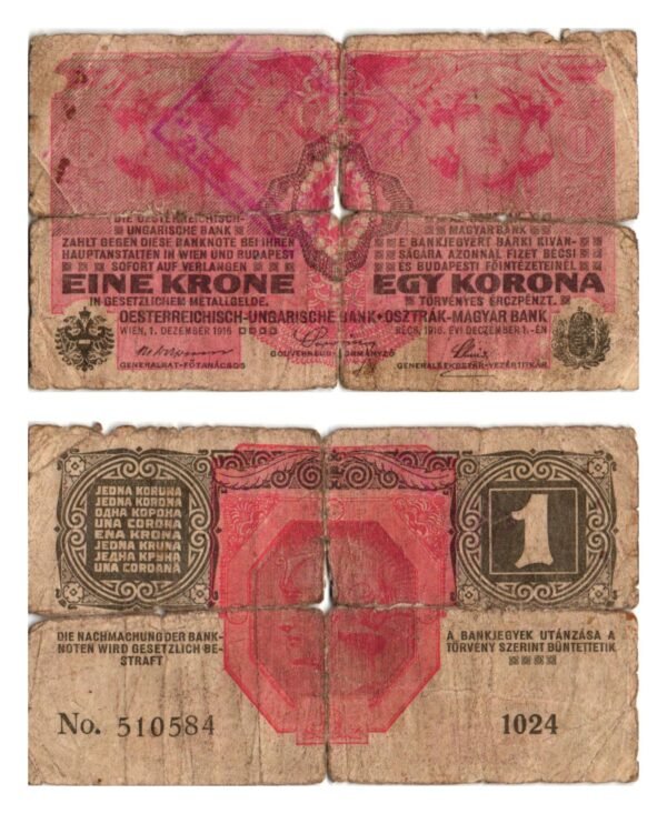 CROATIA 1 krone ND(1919) / With unreadable seal for Dalmatia / large tears / VG