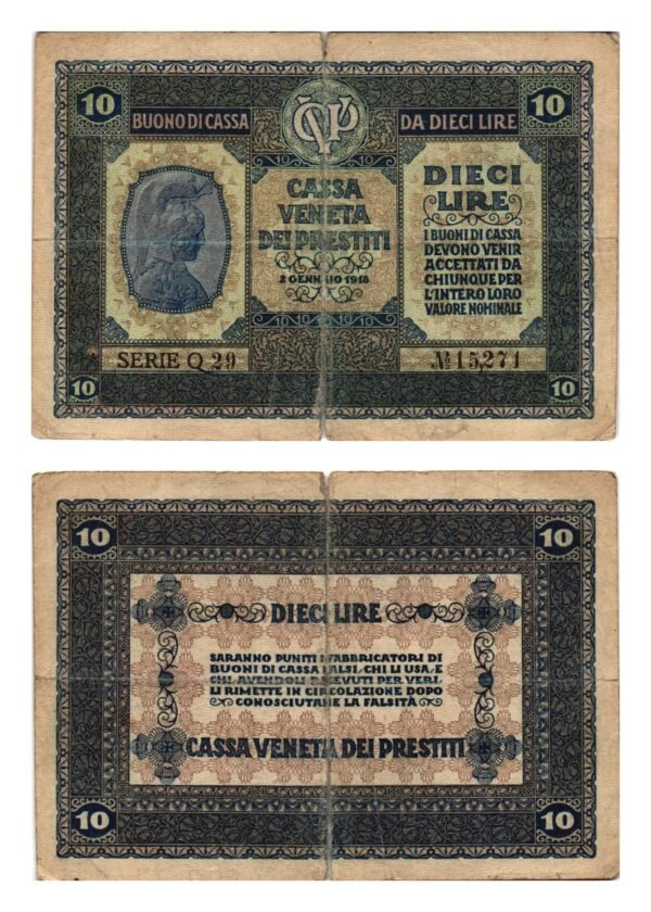ITALY 10 lire 1918 / WWI Austrian Occupation of Veneto / tear / VG