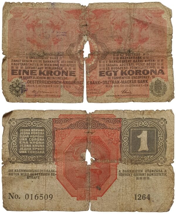 CROATIA 1 krone ND(1919) / With unreadable seal / large tears / VG-