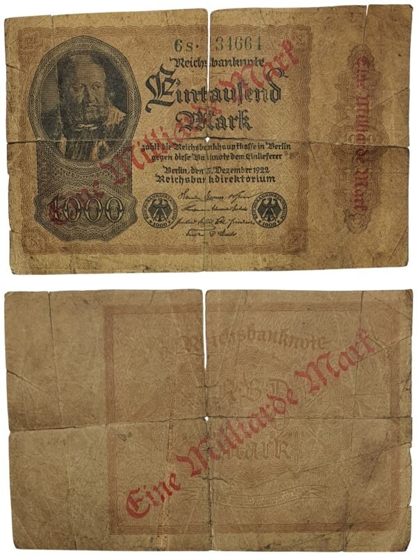 GERMANY 1 million mark 1922 / Overprint on 1000 mark banknote / large tears / VG-